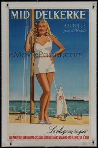 7b105 MIDDELKERKE linen Belgian travel poster 1950s Varbaere art of sexy girl in swimsuit on beach!