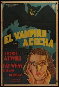 7c247 VAMPIRE BAT Argentinean '33 great different art of terrified Fay Wray & wacky huge bat!