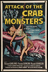 7c357 ATTACK OF THE CRAB MONSTERS 1sh '57 Roger Corman, art of sexy girl attacked by beast!