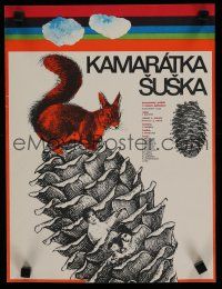 7c144 KAMARATKA SUSKA Czech 11x16 '78 great surreal art of tiny people on pine cone with squirrel!