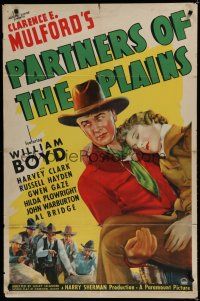 7c381 PARTNERS OF THE PLAINS style A 1sh '38 art of William Boyd as Hopalong Cassidy carrying woman!