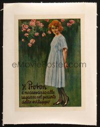 7c298 H PROTON linen 8x10 Italian advertising poster '30s art of pretty woman by rose bush!