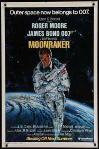 7d284 MOONRAKER style A advance 1sh '79 art of Roger Moore as James Bond in space by Daniel Goozee!