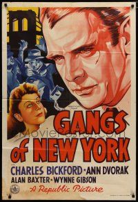 7e184 GANGS OF NEW YORK Aust 1sh '38 c/u art of scar-faced Charles Bickford, Ann Dvorak!