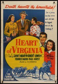 7e195 HEART OF VIRGINIA Aust 1sh '48 Janet Martin, Robert Lowery, Frankie Darro, horse racing art!