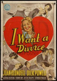7e212 I WANT A DIVORCE Aust 1sh '40 great artwork of winking Joan Blondell in giant broken heart!