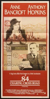 7e718 84 CHARING CROSS ROAD Aust daybill '87 cool artwork of Anthony Hopkins & Anne Bancroft!