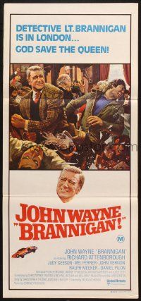 7e750 BRANNIGAN Aust daybill '75 great Robert McGinnis art of fighting John Wayne in England!