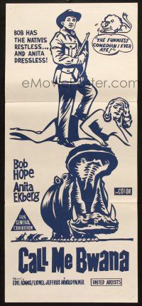 7e759 CALL ME BWANA Aust daybill '63 wacky art of Bob Hope & Anita Ekberg, Bwana have fun?