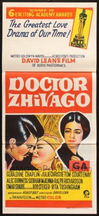 7e791 DOCTOR ZHIVAGO Aust daybill '65 Omar Sharif, Julie Christie, cool artwork, David Lean!