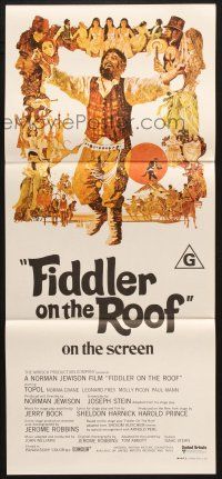7e801 FIDDLER ON THE ROOF Aust daybill '71 cool artwork of Topol & cast by Ted CoConis!