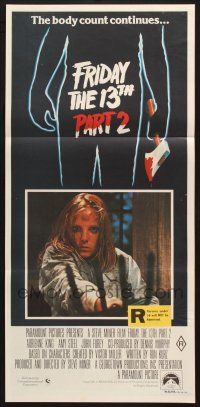 7e811 FRIDAY THE 13th PART II Aust daybill '81 Amy Steel with pitchfork in slasher horror sequel!