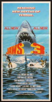7e844 JAWS 3-D Aust daybill '83 great Gary Meyer shark artwork, the third dimension is terror!