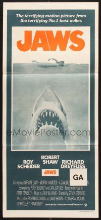 7e843 JAWS Aust daybill R70s art of Spielberg's classic man-eating shark attacking sexy swimmer!