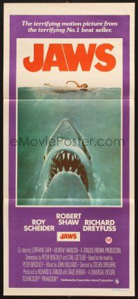 7e842 JAWS Aust daybill '75 art of Spielberg's classic man-eating shark attacking sexy swimmer!