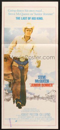 7e848 JUNIOR BONNER Aust daybill '72 full-length rodeo cowboy Steve McQueen carrying saddle!