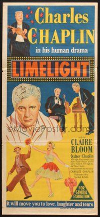 7e861 LIMELIGHT Aust daybill '52 artwork of aging Charlie Chaplin & pretty young Claire Bloom!