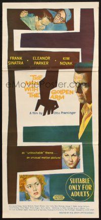7e875 MAN WITH THE GOLDEN ARM Aust daybill '56 Frank Sinatra is hooked, classic Saul Bass design!