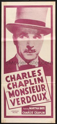 7e885 MONSIEUR VERDOUX Aust daybill R70s art of Charlie Chaplin as modern French Bluebeard!
