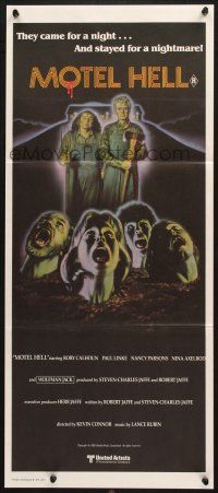 7e887 MOTEL HELL Aust daybill '80 wild horror art, they came for a night, stayed for a nightmare!