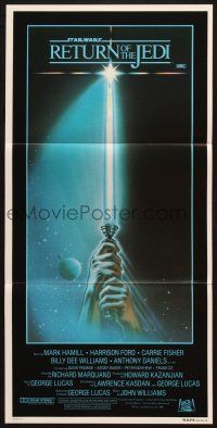 7e917 RETURN OF THE JEDI style A Aust daybill '83 George Lucas, art of hands holding lightsaber!