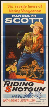7e919 RIDING SHOTGUN Aust daybill '54 artwork of cowboy Randolph Scott with smoking gun!