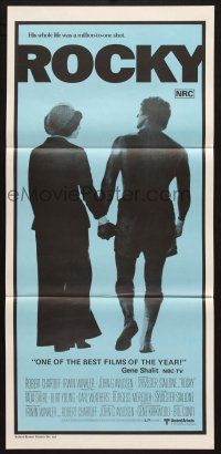 7e922 ROCKY blue style Aust daybill '77 Stallone holding hands with Talia Shire, boxing classic!