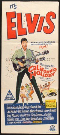 7e947 SPINOUT Aust daybill '66 Elvis playing double-necked guitar, foot on gas & no brakes on fun!