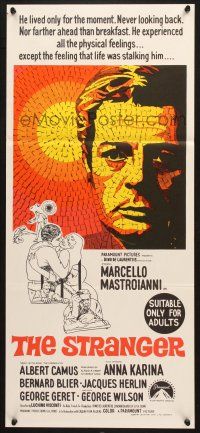 7e956 STRANGER Aust daybill '68 Luchino Visconti's Lo Straniero, cool art of Mastroianni!