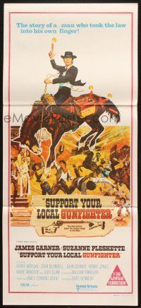 7e962 SUPPORT YOUR LOCAL GUNFIGHTER Aust daybill '71 wacky art of cowboy James Garner on donkey!
