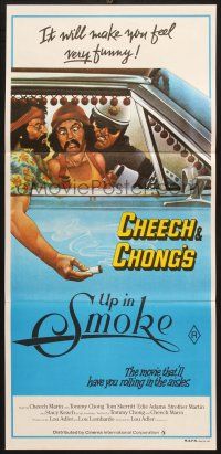 7e979 UP IN SMOKE Aust daybill '78 Cheech & Chong marijuana drug classic, great Scakisbrick art!