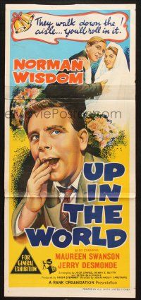 7e980 UP IN THE WORLD Aust daybill '56 close up artwork of Norman Wisdom, Maureen Swanson!