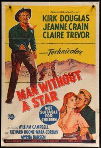 7e231 MAN WITHOUT A STAR Aust 1sh '55 art of cowboy Kirk Douglas pointing gun, Jeanne Crain