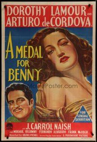 7e235 MEDAL FOR BENNY Aust 1sh '45 Arturo de Cordova, sexy close up artwork of Dorothy Lamour!