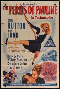 7e249 PERILS OF PAULINE Aust 1sh '47 art of Betty Hutton as silent screen heroine on rope!