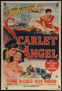 7e265 SCARLET ANGEL Aust 1sh '52 artwork of sailor Rock Hudson & sexy gambling Yvonne DeCarlo!