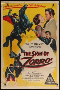 7e270 SIGN OF ZORRO Aust 1sh '60 Walt Disney, cool art of masked hero Guy Williams on horseback!