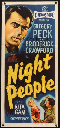 7e889 NIGHT PEOPLE Aust daybill '54 artwork of soldier Gregory Peck, Rita Gam smacked!