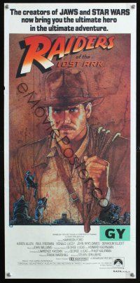 7e911 RAIDERS OF THE LOST ARK Aust daybill '81 great artwork of Harrison Ford by Richard Amsel!