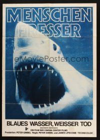 7e507 BLUE WATER, WHITE DEATH German '71 super close image of great white shark with open mouth!