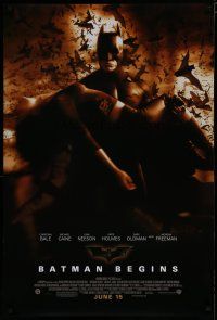7f060 BATMAN BEGINS June 15 advance DS 1sh '05 Bale as the Caped Crusader carrying Katie Holmes!