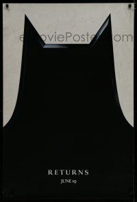 7f065 BATMAN RETURNS teaser 1sh '92 Tim Burton, cool close-up image of bat cowl!