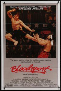 7f094 BLOODSPORT 1sh '88 cool image of Jean Claude Van Damme kicking Bolo Yeung, martial arts!