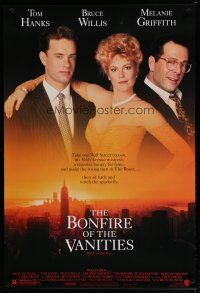 7f096 BONFIRE OF THE VANITIES DS 1sh '90 Tom Hanks, Bruce Willis & Melanie Griffith over New York!