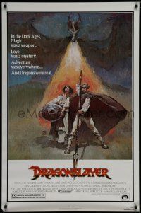 7f208 DRAGONSLAYER 1sh '81 cool Jeff Jones fantasy artwork of Peter MacNicol w/spear & dragon!