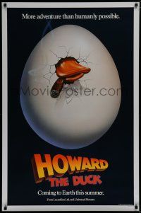 7f362 HOWARD THE DUCK teaser 1sh '86 George Lucas, great art of hatching egg with cigar in mouth!