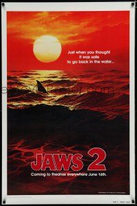 7f002 JAWS 2 dated teaser 1sh '78 classic art of shark's fin in red water at sunset!