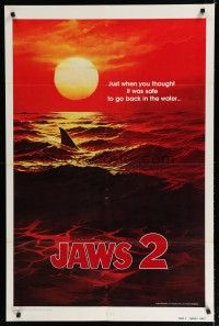 7f003 JAWS 2 teaser 1sh '78 classic art of man-eating shark's fin in red water at sunset!