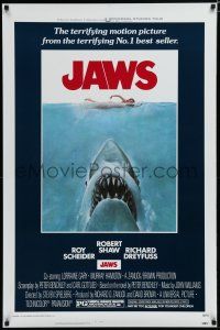 7f001 JAWS 1sh '75 Steven Spielberg classic man-eating shark attacking sexy swimmer!