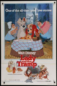 7f428 LADY & THE TRAMP 1sh R80 most romantic spaghetti scene from Disney dog classic!